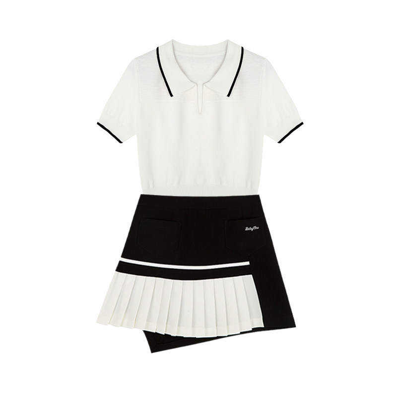 韩版高尔夫球服装女套装夏季时尚白色短袖POLO衫golf黑色百褶短裙