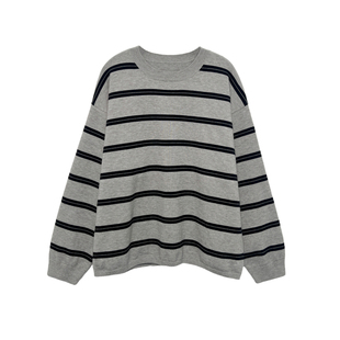 3ts羊毛格雷系毛衣条纹针织衫圆领高级感老钱风上衣