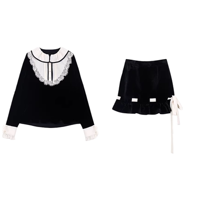 法式千金小香丝绒上衣半裙套装女