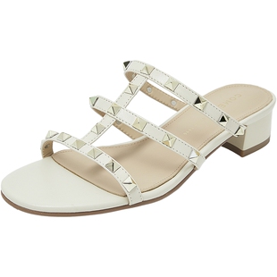 康莉2025年新款拖鞋女夏外穿时尚高级铆钉粗跟真皮一字拖高跟鞋