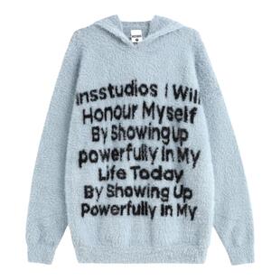 【INSKR】国潮牌情侣美式字母LOGO提花毛衣马海毛连帽针织衫男女