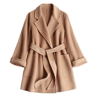 2025秋冬双面羊绒羊毛短款大衣女系带显瘦驼色睡袍款毛呢外套