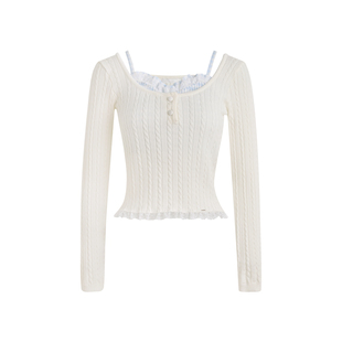 艾米同款 Kroche 格纹花边装饰 羊毛混纺 假两件绞花针织衫