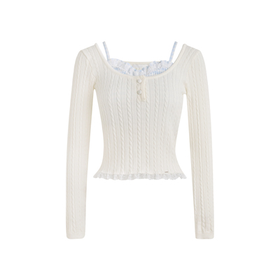 羊毛混纺打揽格纹花边绞花针织衫