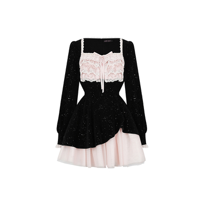 安妮不火烫闪港平绒蕾丝边撞色生日裙女微胖大码假两件收腰舞会裙