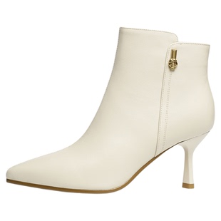 红蜻蜓高跟鞋冬季新款女鞋靴子细跟女士鞋子真皮白色尖头皮鞋女靴