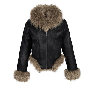 Amee 复古巴恩风暗纹麂皮绒PU皮棉服女美式冬季皮毛一体皮草棉衣