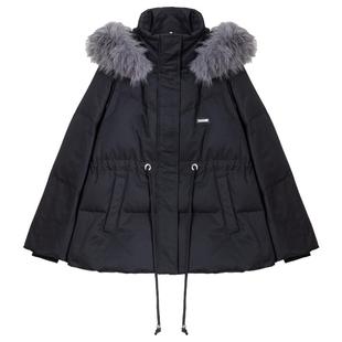 KEIKO 大毛领连帽黑色抽绳羽绒服女25冬季气质收腰加厚白鸭绒外套