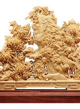 太行崖柏孔雀牡丹摆件实木精雕