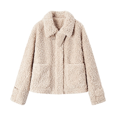 森马温柔仿羊羔毛立领宽松外套女