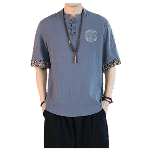 中国风盘扣亚麻衬衫男士短袖T恤中式唐装棉麻复古风男装休闲上衣