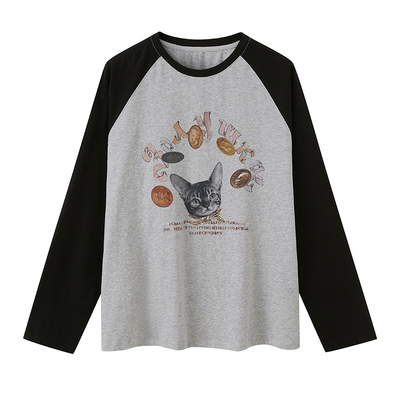 DIDDIMODA 金币猫咪插肩袖撞色宽松圆领插肩袖T恤长袖早秋上衣
