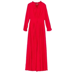 春夏新款长袖系带领纯色雪纺连衣裙女修身显瘦沙滩度假长款大摆裙