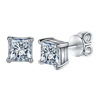 18K白金莫桑石公主方形耳钉s925纯银男女款四爪钻石超闪新款超闪