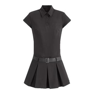 King prince夏季学院风POLO领短袖连衣裙女假两件压褶收腰百褶裙