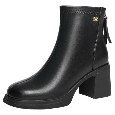 红蜻蜓妈妈靴子2025冬新款女鞋黑色粗跟皮鞋女款加绒高跟短靴棉鞋