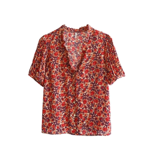 法国ID 复古感印花气质百褶袖衬衫V领短袖休闲宽松显瘦碎花上衣