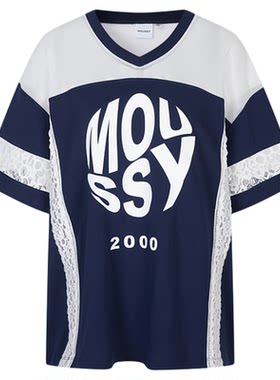 MOUSSY 夏季新品网纱蕾丝拼接撞色LOGO短袖T恤028ISA90-2931