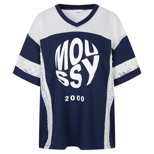 MOUSSY 夏季新品网纱蕾丝拼接撞色LOGO短袖T恤028ISA90-2931