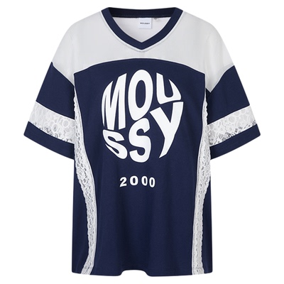 MOUSSY 夏季新品网纱蕾丝拼接撞色LOGO短袖T恤028ISA90-2931