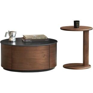 源氏木语实木茶几客厅意式轻奢岩板茶台家用黑胡桃木组合大小圆几