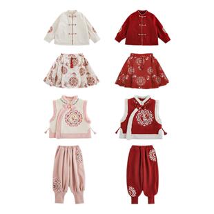 幼悠女童新中式过年服系列冬加绒加厚国风衬衫高脚罗纹长裤多件套