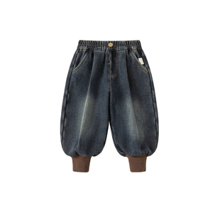 儿童加绒牛仔裤男童束脚灯笼裤冬季加厚保暖长裤