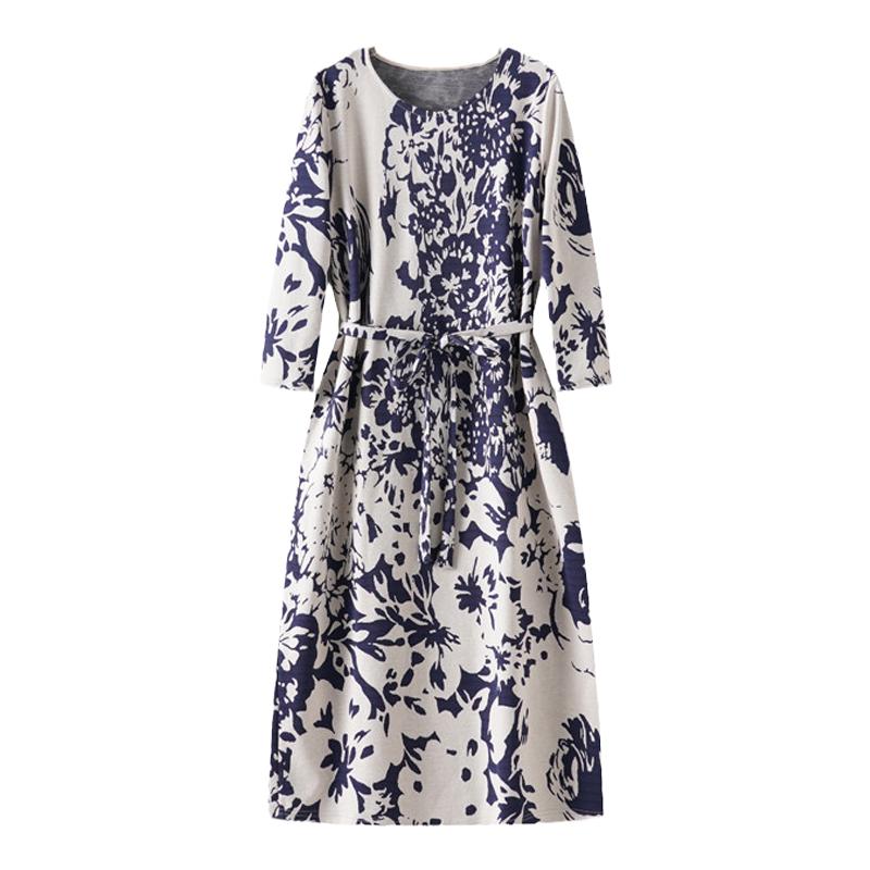 M2女装2025春秋宽松大码中年妈妈弹力收腰显瘦H型系带提花连衣裙