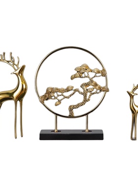 全黄铜迎客松铜鹿摆件新中式摆件家居装饰品玄关客厅办公室工艺品