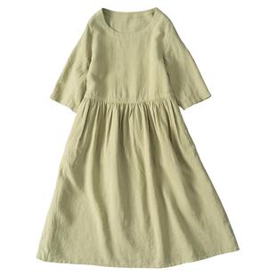 西河自制夏新品100莼亚麻简约文艺休闲连衣裙浅抹茶绿