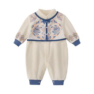 jellybaby新生婴儿连体衣男宝新中式马甲拼接春装衣服1宝宝哈衣春