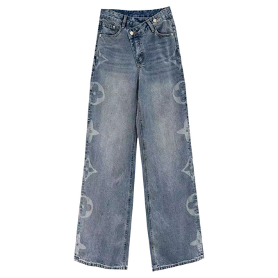 印花高腰直筒牛仔裤女夏季高腰