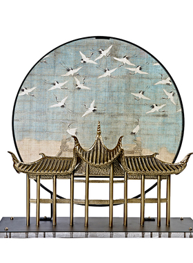 新中式禅意样板间售楼处玄关宋式美学瑞鹤图案屋檐摆件批量定制