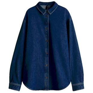 HM女装衬衫春季翻领长袖老钱风宽松美式牛仔上衣1268199
