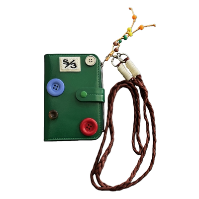 纽扣绿色皮革斜跨卡包便携收纳包