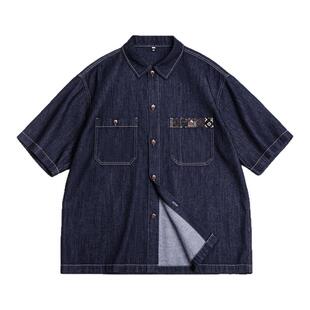 马登工装美式复古boro丹宁回潮牛仔衬衣日系蓝染翻领衬衫外套男春