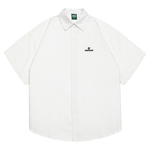 GOGOSOON夏季新款翻领短袖衬衫175g男生logo破损刺绣潮牌宽松Q