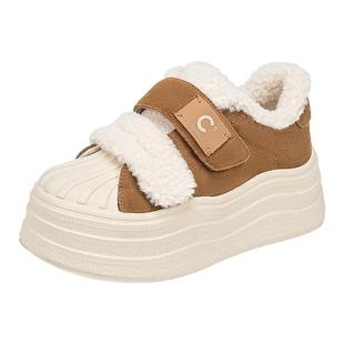 千百度厚底加绒板鞋女冬季2025新款魔术贴休闲鞋百搭毛毛棉鞋外穿