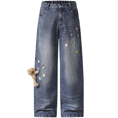 美式可爱小熊挂件牛仔裤女春秋新