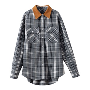 【复古学院】高支精梳棉 灯芯绒翻领法兰绒磨毛格子衬衫+半裙套装