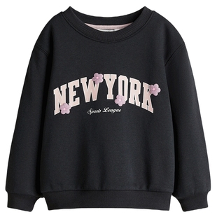 HM童装儿童女童卫衣冬季圆领内里拉绒长袖印花套衫1305880