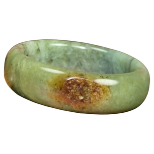 紫润轩新疆和田玉聚黄沁皮籽料手镯青翠色飘水草花宽版61MM收藏级