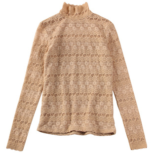 花边半高领磨毛加绒蕾丝打底衫女秋冬新款洋气内搭小衫女网纱上衣