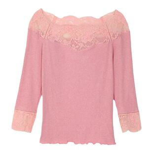 Liza Cheng花漾甜心系列针织罗纹暖肤衣一字领蕾丝打底衫LL00195