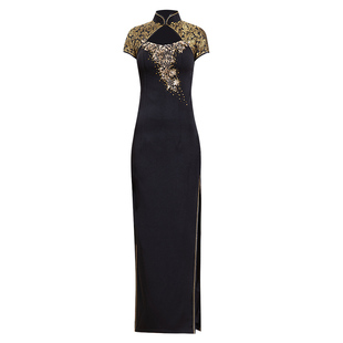 多丽琦新款改良旗袍演出走秀晚礼服高档宴会主持人连衣裙短袖长裙