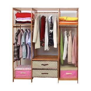 木制楠竹简易衣柜带抽厨子组装单人现代布艺布衣橱挂衣实木头衣柜