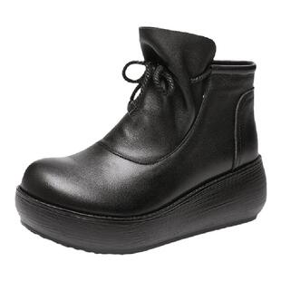 厚底加绒保暖松糕真皮短靴女秋冬新品牛皮高跟马丁靴女鞋女靴短筒