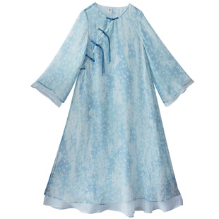 【梨花雨雪】复古中式雪纺印花连衣裙女2025夏季撞色盘扣轻薄长裙