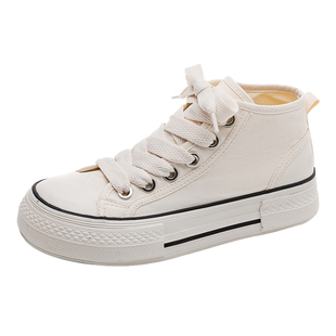 人本女鞋中帮帆布鞋女2026新款春季百搭圆头配裙子板鞋ins潮厚底