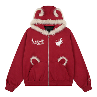 新年穿搭红色卫衣女秋冬季加绒刺绣连帽外套宽松慵懒风上衣设计感